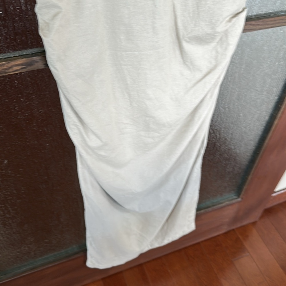 Anthropologie Tan Ruched Maxi Dress with Mandarin Collar size Mefium - Picture 11 of 12
